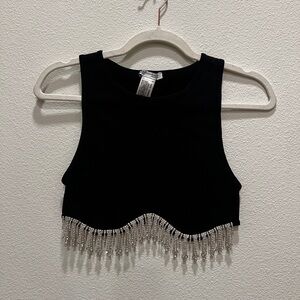Zara Black Crop Top with Silver Beaded Fringe